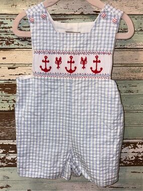 Shrimp & Grits Kids Light Blue Gingham Anchor Smocked Shortall - Kids